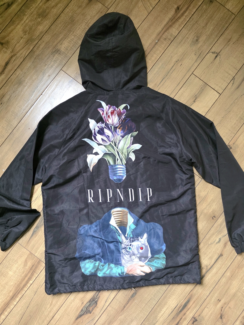 Ripndip Black Graphic Lights Out Hooded Raincoat Windbreaker Jacket Large Cat